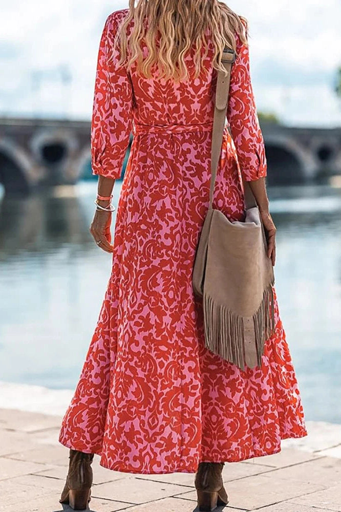 Elegant Long Sleeve Printed Maxi Dress