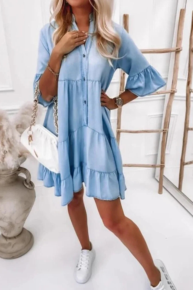 Elegant Short Sleeve V-Neck Midi Dress