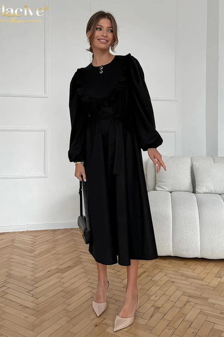 O-Neck Long Sleeve Midi Dress