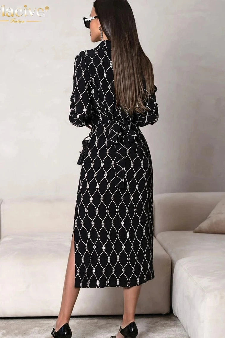 Print Long Sleeve Midi Dress