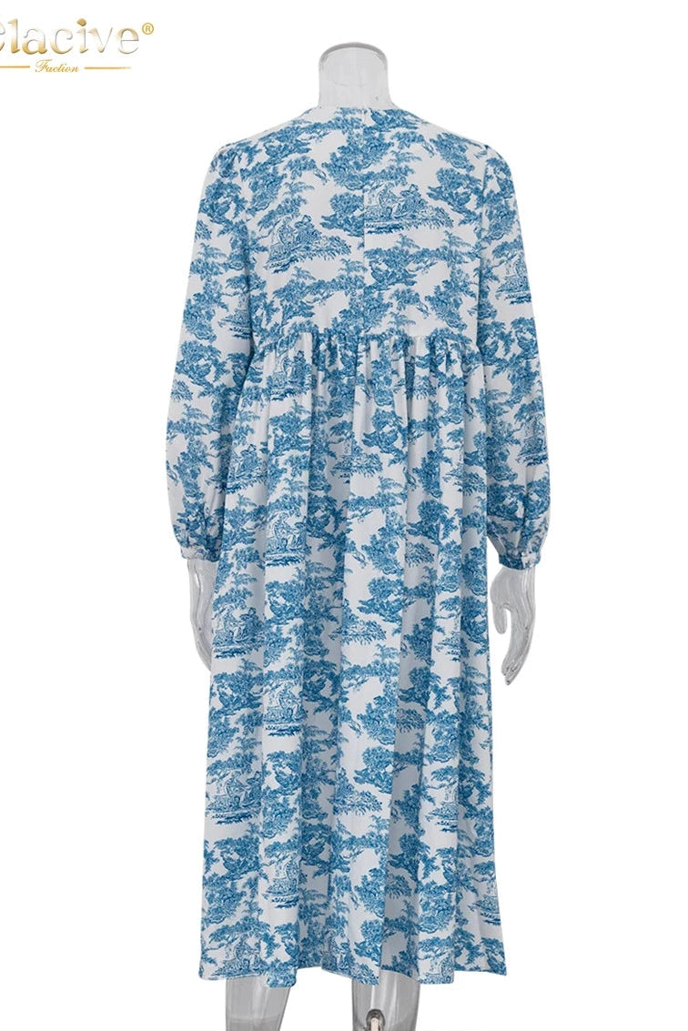 Print O-Neck Puff Sleeve Midi Dress