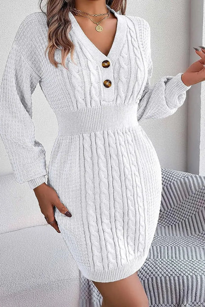 V Neck Button Knit Mini Dress