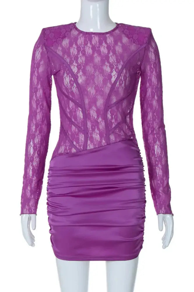 O Neck Purple Lace See-Through Backless Mini Dress