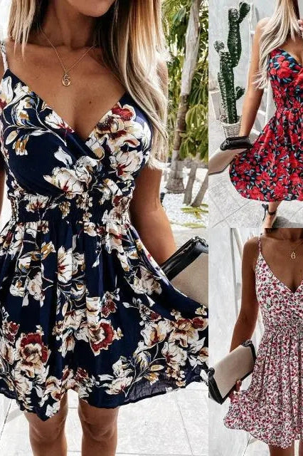 Floral Print V-Neck Mini Dress