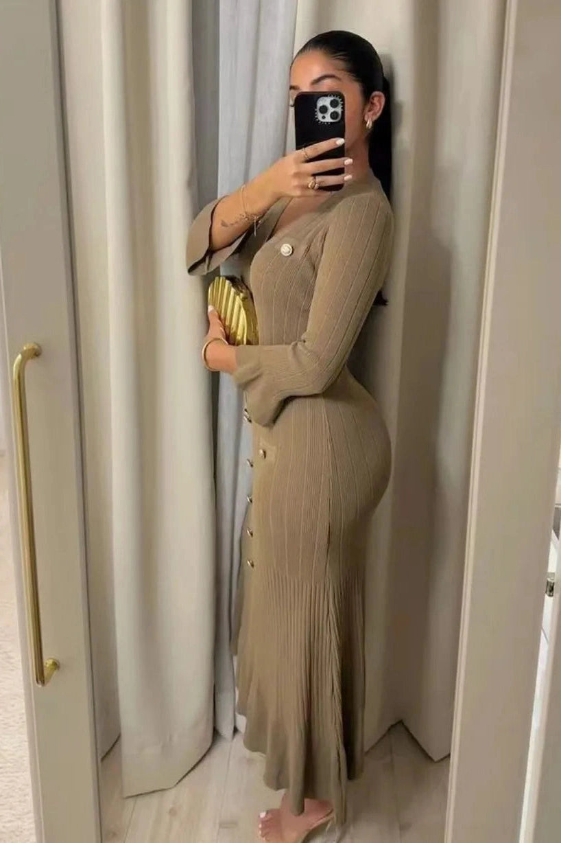 Elegant V-Neck Long Sleeve Maxi Dress