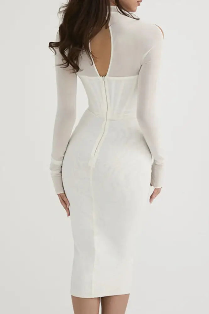 Elegant Mesh Long Sleeve Bodycon Midi Dress