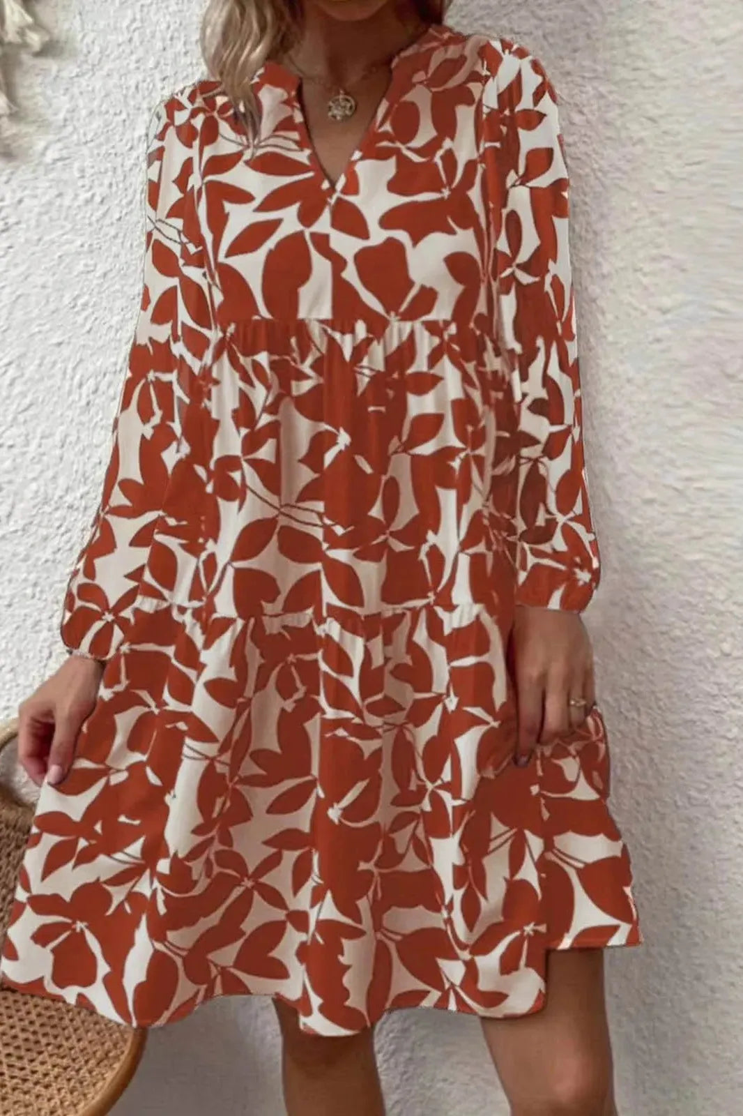 Elegant Leaf Print Long Sleeve Midi Dress