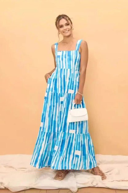 Printed Backless Lace-Up Maxi Dress