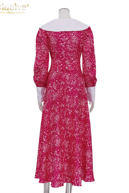 Elegant Print Lantern Sleeve Maxi Dress