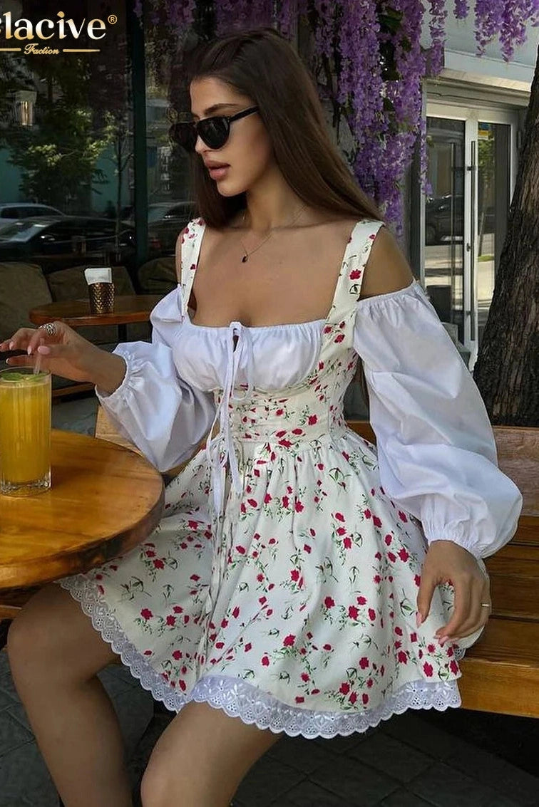 Print Square Collar Puff Sleeve Mini Dress