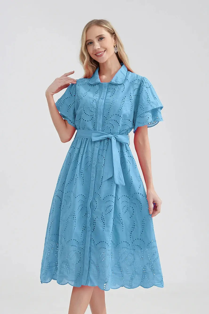 Cotton Hollow Out High Waist Ruffled Mini Dress