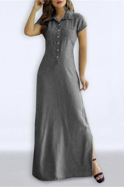 Turn-Down Collar Pocket Button Maxi Dress