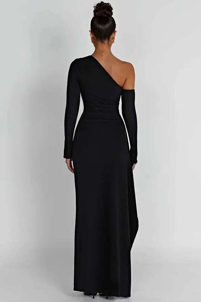 Elegant Oblique Shoulder High-Split Backless Bodycon Maxi Dress