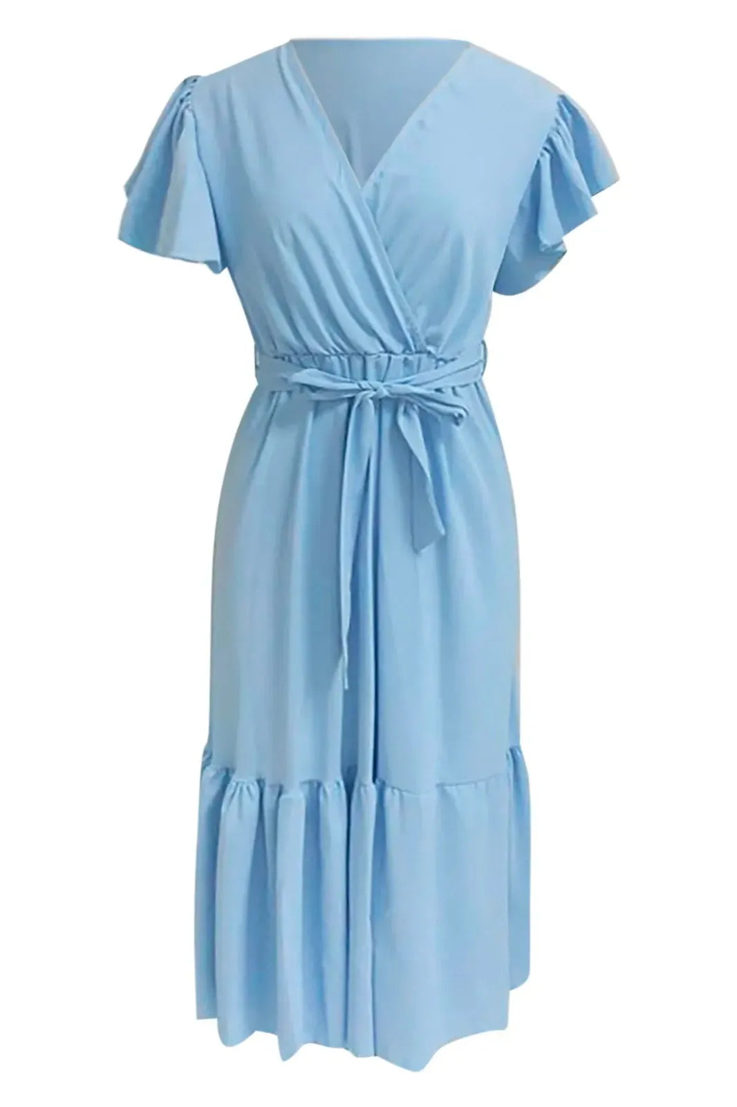 Cap Sleeve Belted A-Line Pleated Midi Dress