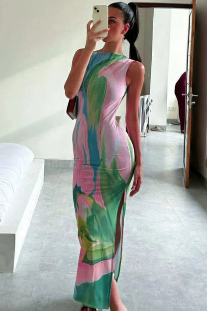 Elegant Sleeveless Printed Maxi Dress