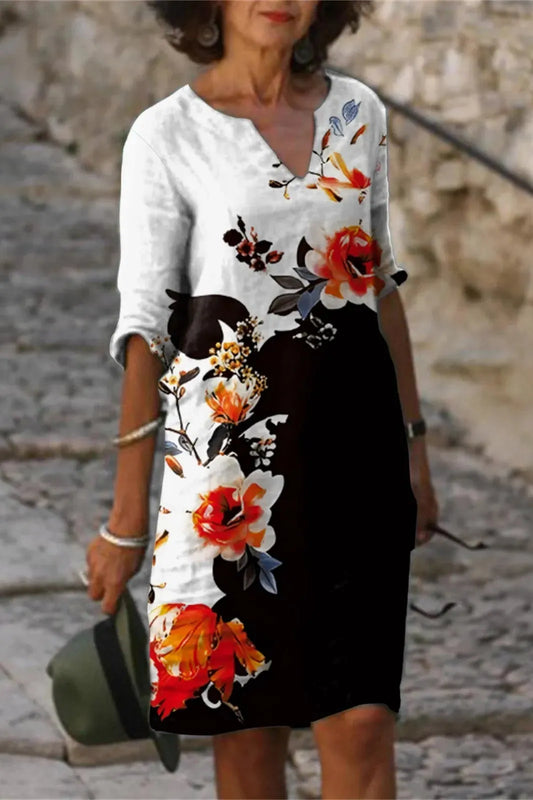 Floral Print Cotton V-Neck Midi Dress