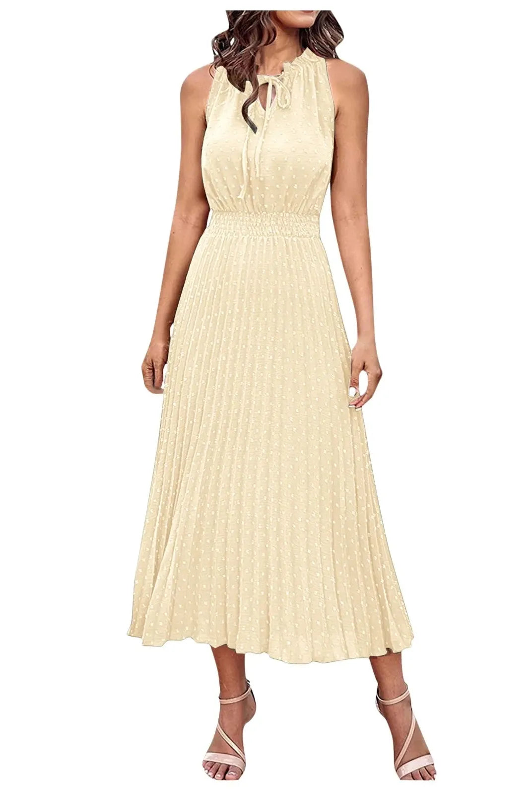 V-Neck Polka Dot Pleated Midi Dress