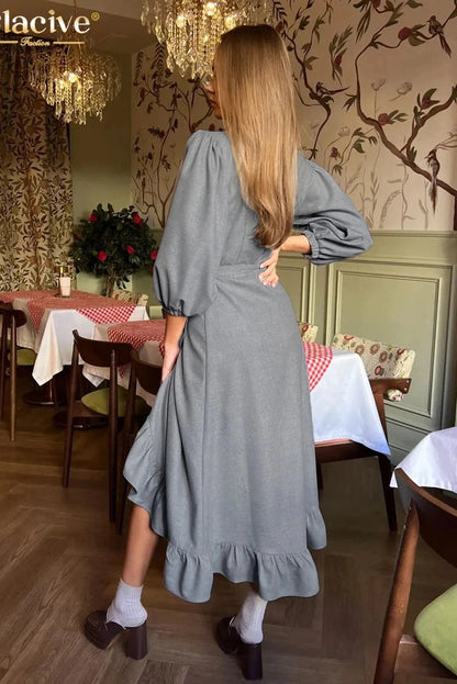 V-Neck Long Sleeve Midi Dress