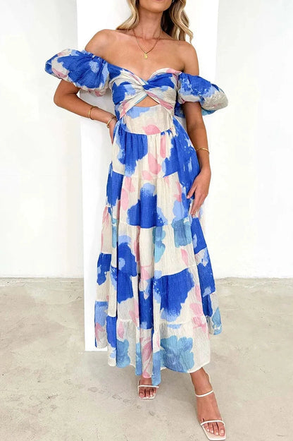 Puff Sleeve V-Neck Backless Maxi Dress