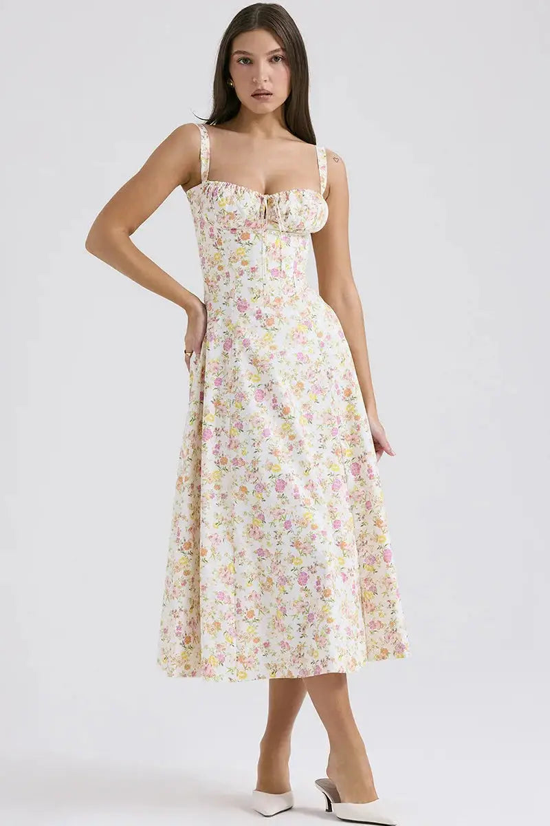 2024 Floral Print Spaghetti Strap Midi Dress