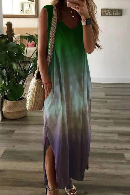 Printed Sleeveless V-Neck Maxi Dress