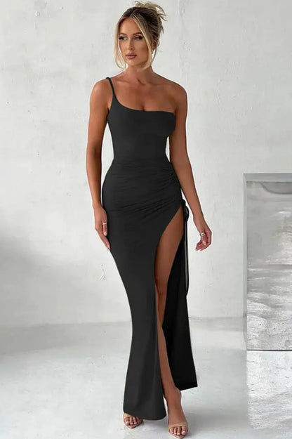 Chic One-Shoulder Thigh Split Backless Maxi Dress