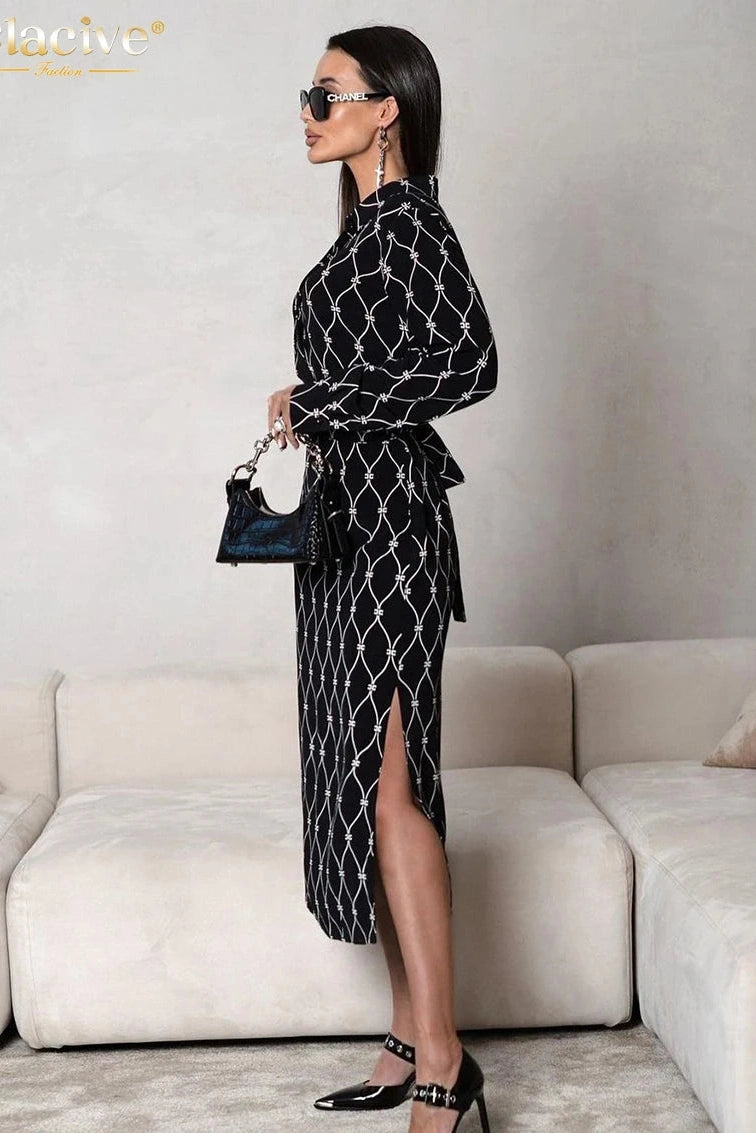 Print Long Sleeve Midi Dress