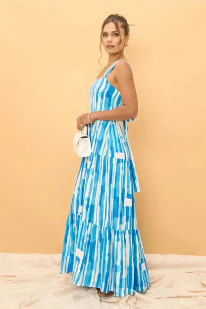 Printed Backless Lace-Up Maxi Dress