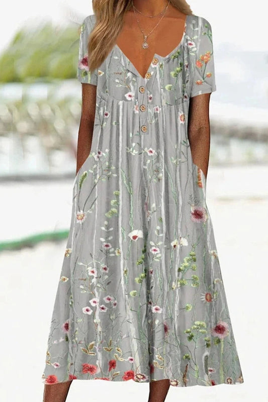 Elegant V-Neck Printed Midi Dress