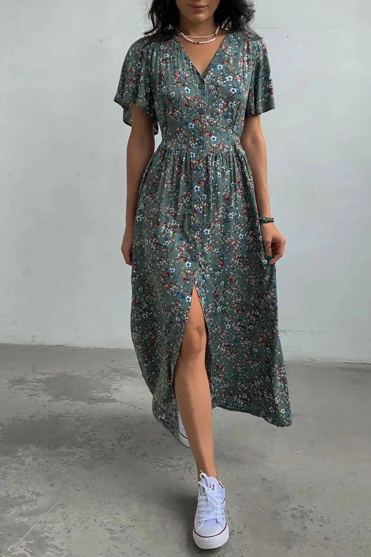 Boho Flower Printed V-Neck Maxi Dress