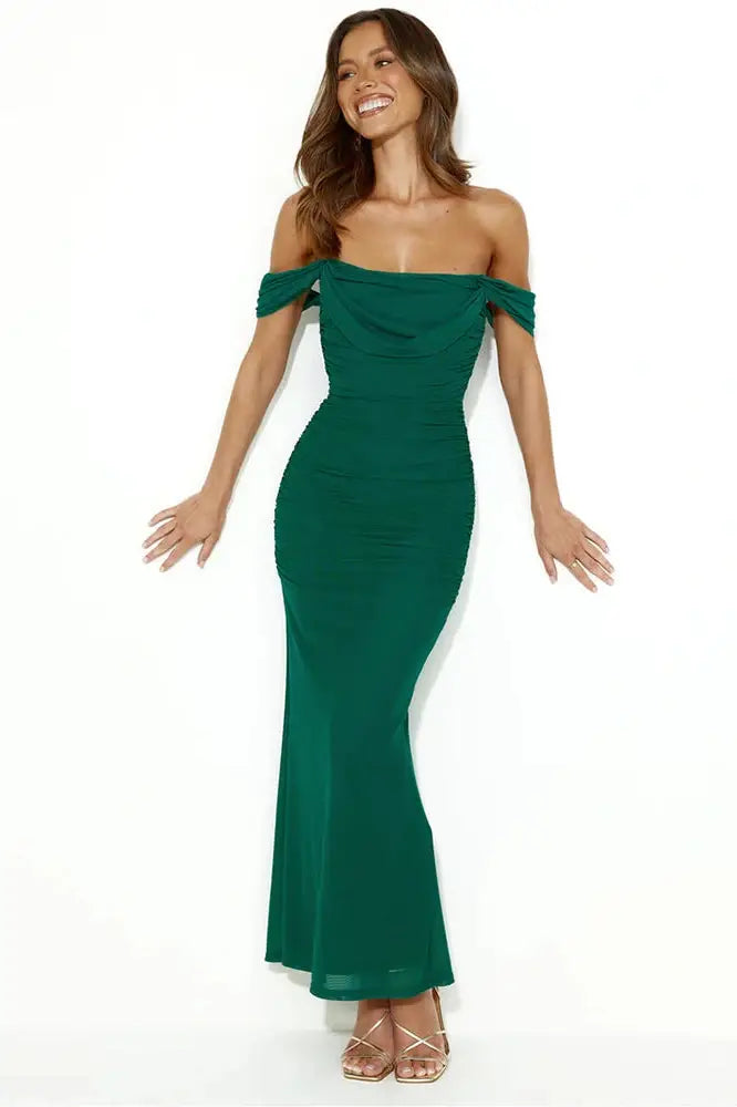 Elegant Off-Shoulder Two Layer Mesh Maxi Dress