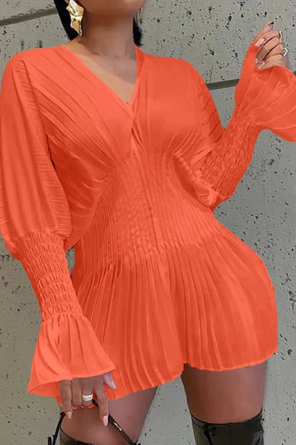 V-Neck Long Sleeve Pleated Mini Dress