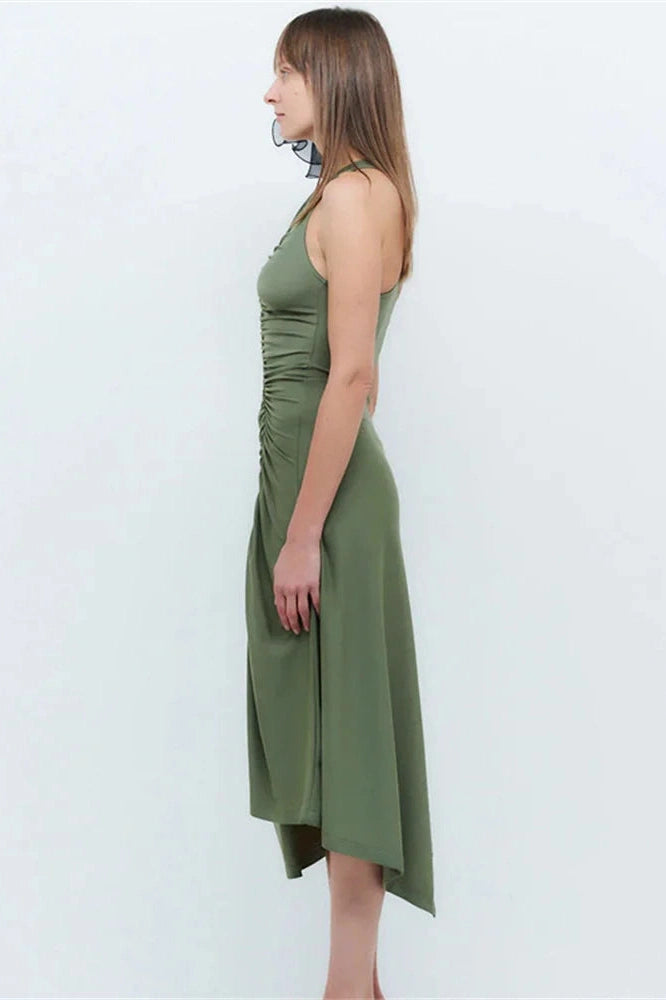 Sleeveless Pleated V-Neck Midi Dress