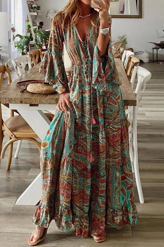 V-Neck Floral Print Maxi Dress