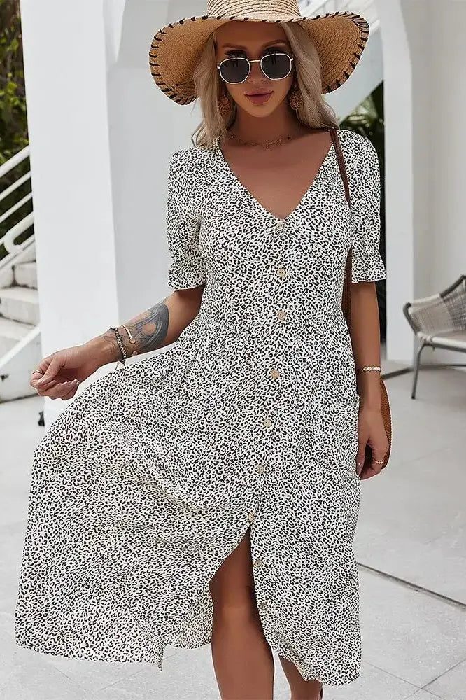 V-neck Floral Printed Short Sleeve Buttons Midi Dress