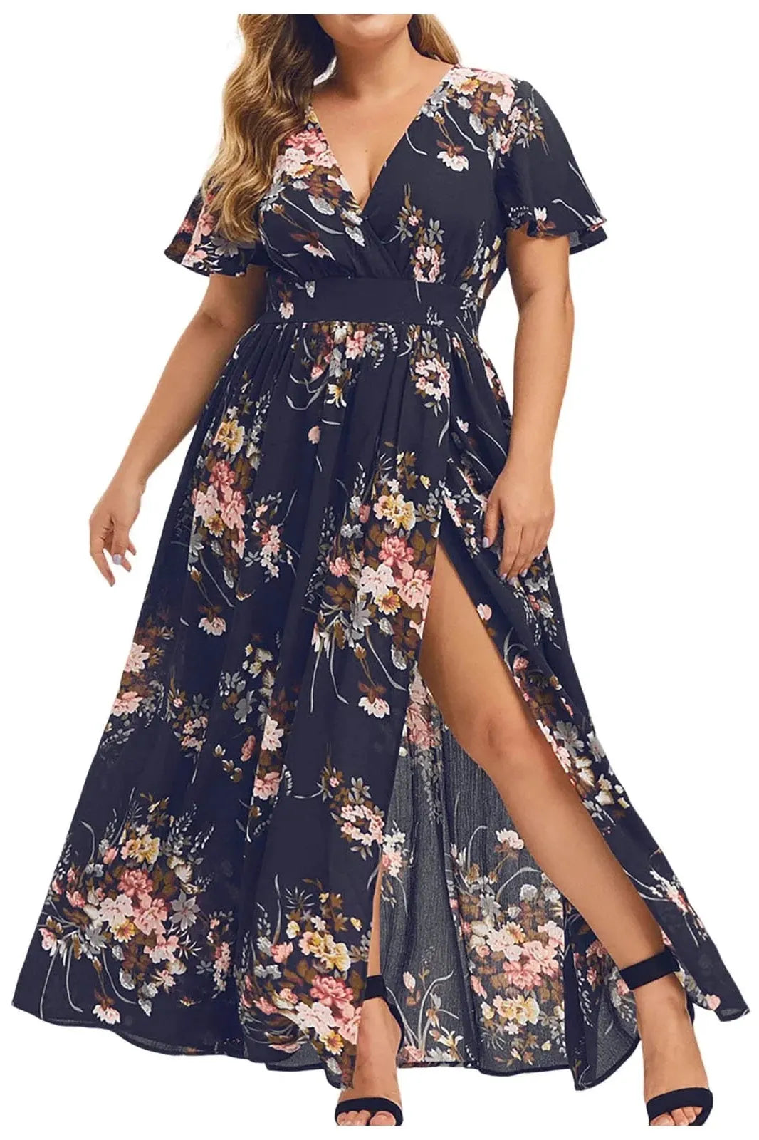 V Neck Flowy Floral Maxi Dress