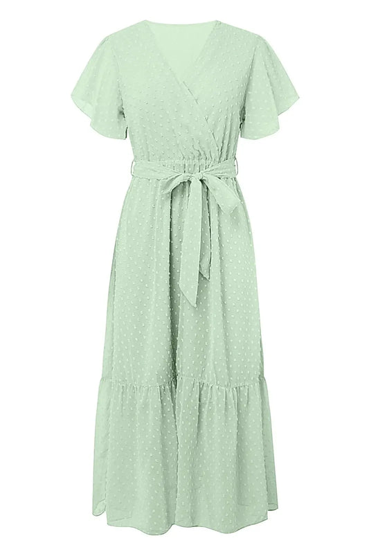 V-Neck Belted A-Line Pleated Maxi Dress