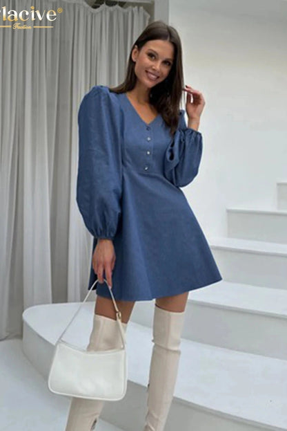 V-Neck Long Sleeve Mini Dress