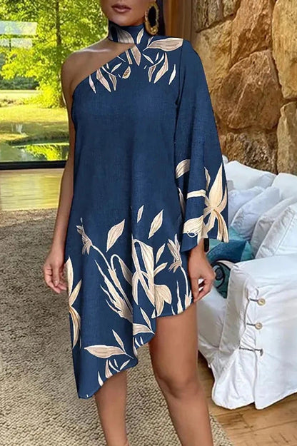 Irregular One-Shoulder Printed Midi Dress