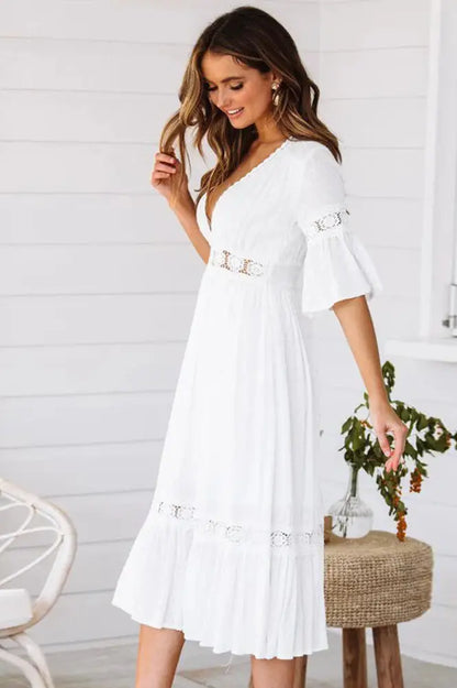 V-Neck Short Sleeve Midi Dress