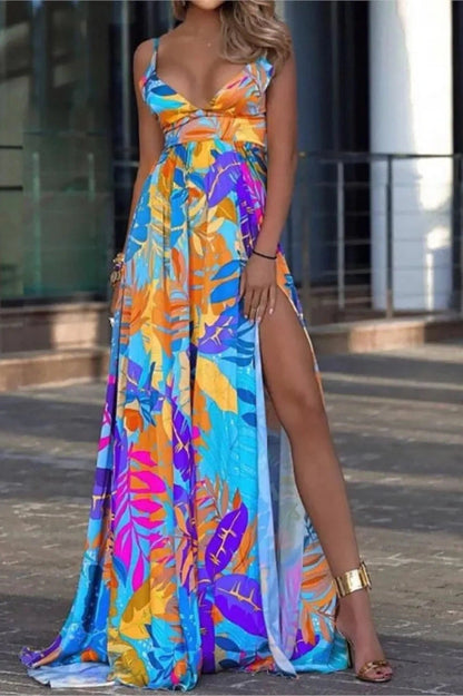 Printed Deep V-Neck Backless Maxi Dress