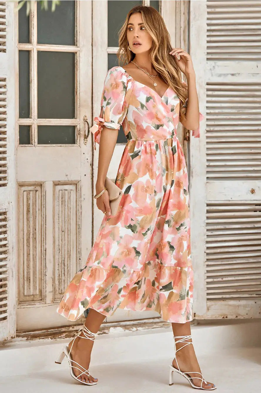 Floral Printed Puff Sleeve Lace Up Maxi Dress