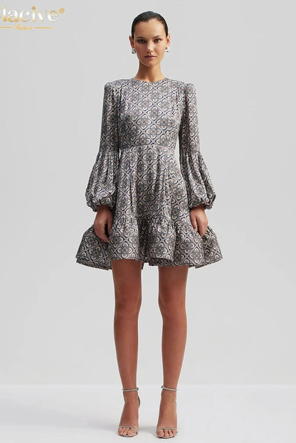 Print O-Neck Puff Sleeve Mini Dress