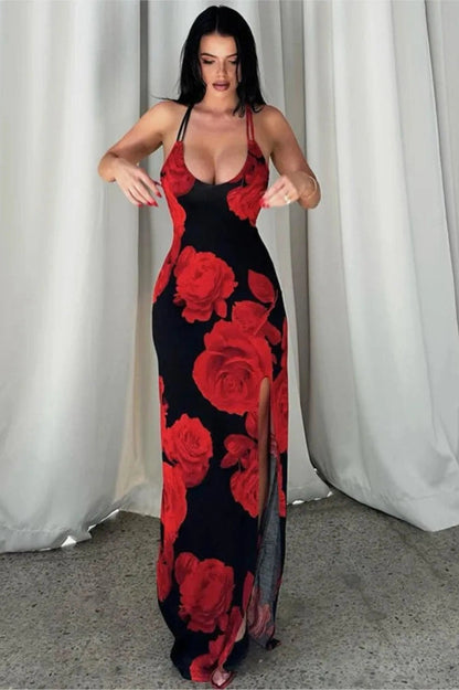 Floral Print Backless Maxi Dress