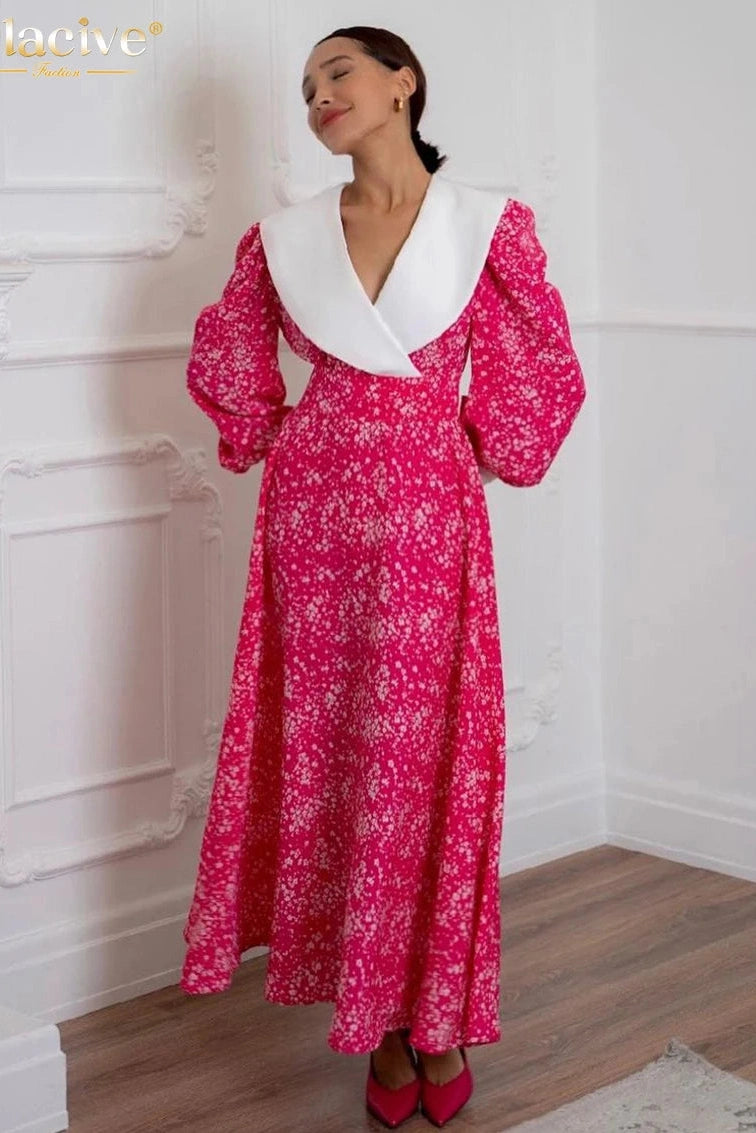 Elegant Print Lantern Sleeve Maxi Dress