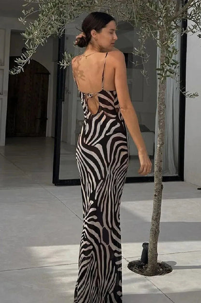 Printed Spaghetti Strap Backless Maxi Dress