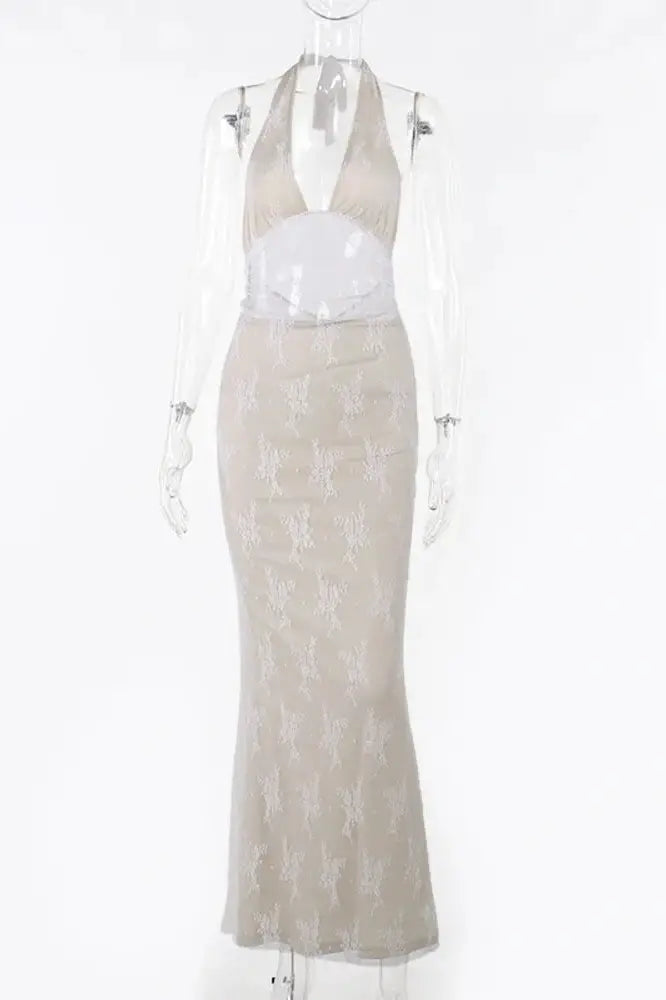 Elegant Deep V Neck Sleeveless Lace Print Maxi Dress