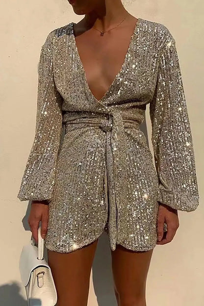 Deep V Neck Sequin Mini Dress