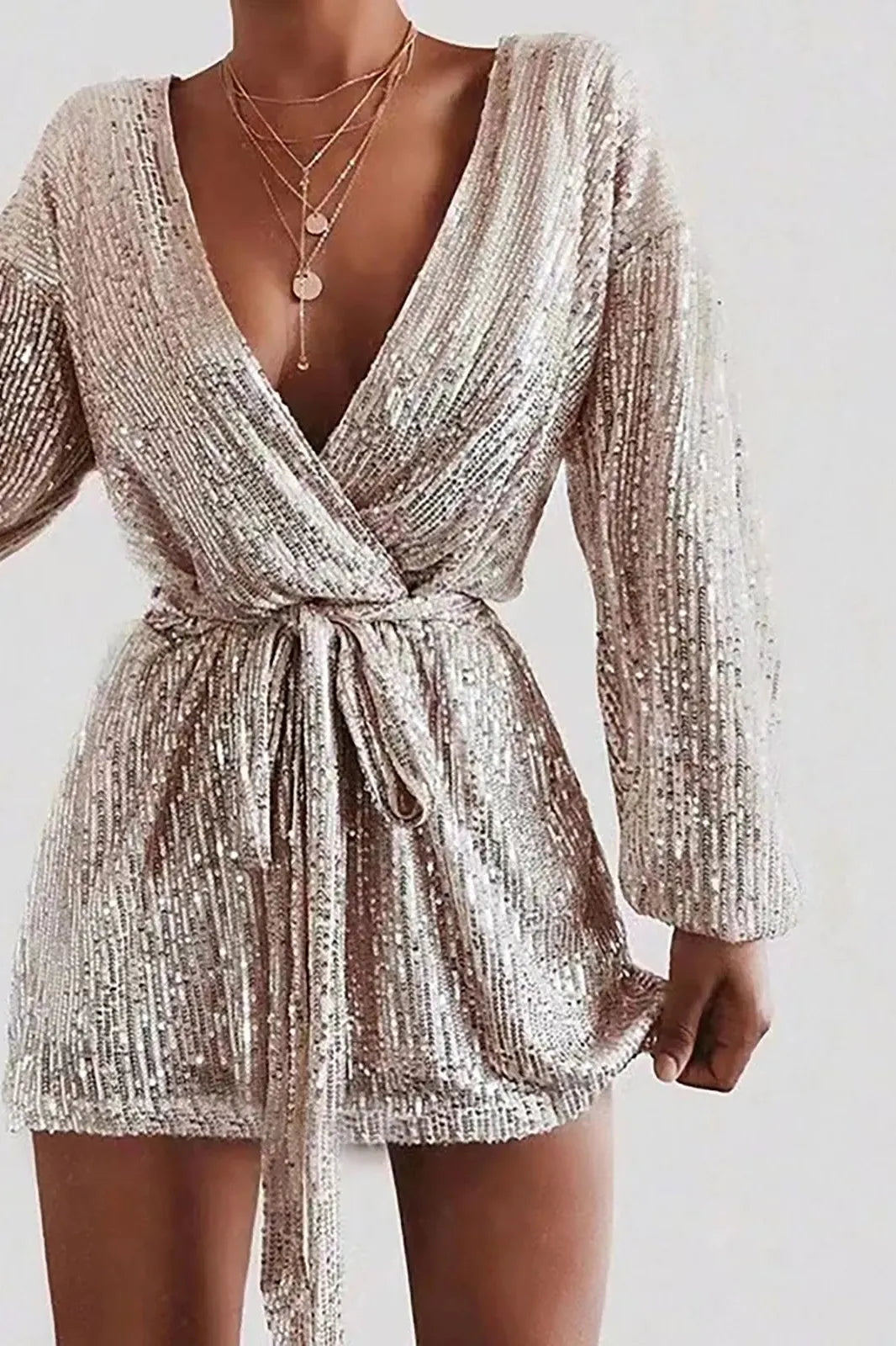 Deep V Neck Sequin Mini Dress