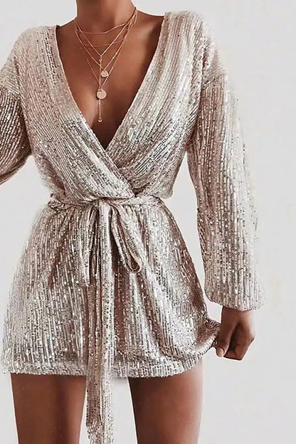 Deep V Neck Sequin Mini Dress